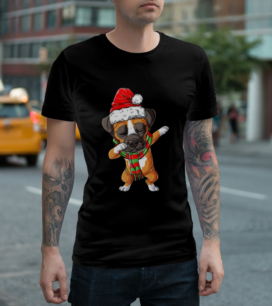 Dabbing Boxer Puppy Santa Hat Christmas Scarf T-Shirt