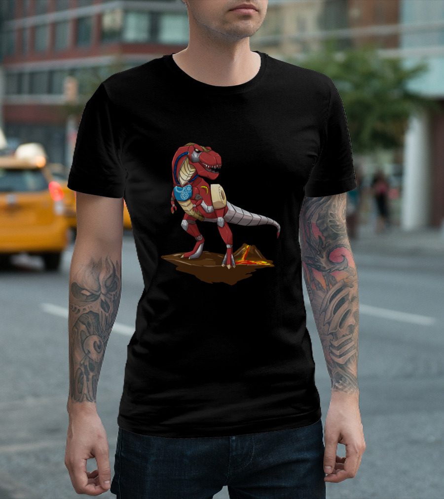 Tyrannosaurus Steampunk Dinosaurs Vintage Gears Volcano Scene T-Shirt