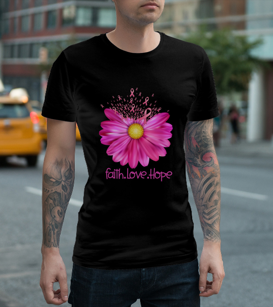 Faith Love Hope Pink Ribbon Floral Breast Cancer Awareness T-Shirt