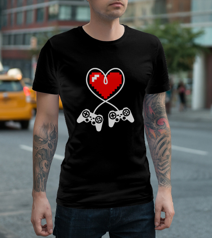Gamer Girl Pixel Heart Dual Controllers T-Shirt