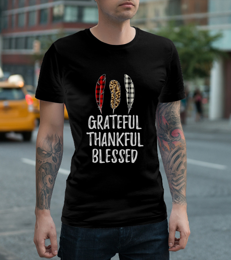 Grateful Thankful Blessed Plaid Leopard Feathers T-Shirt