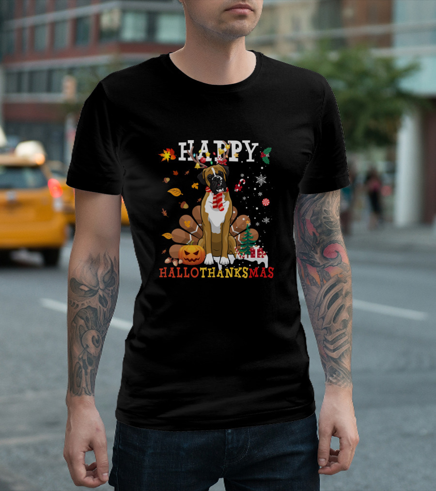 Happy Hallothanksmas Boxer Dog with Pumpkin Leaves and Christmas Elements T-Shirt