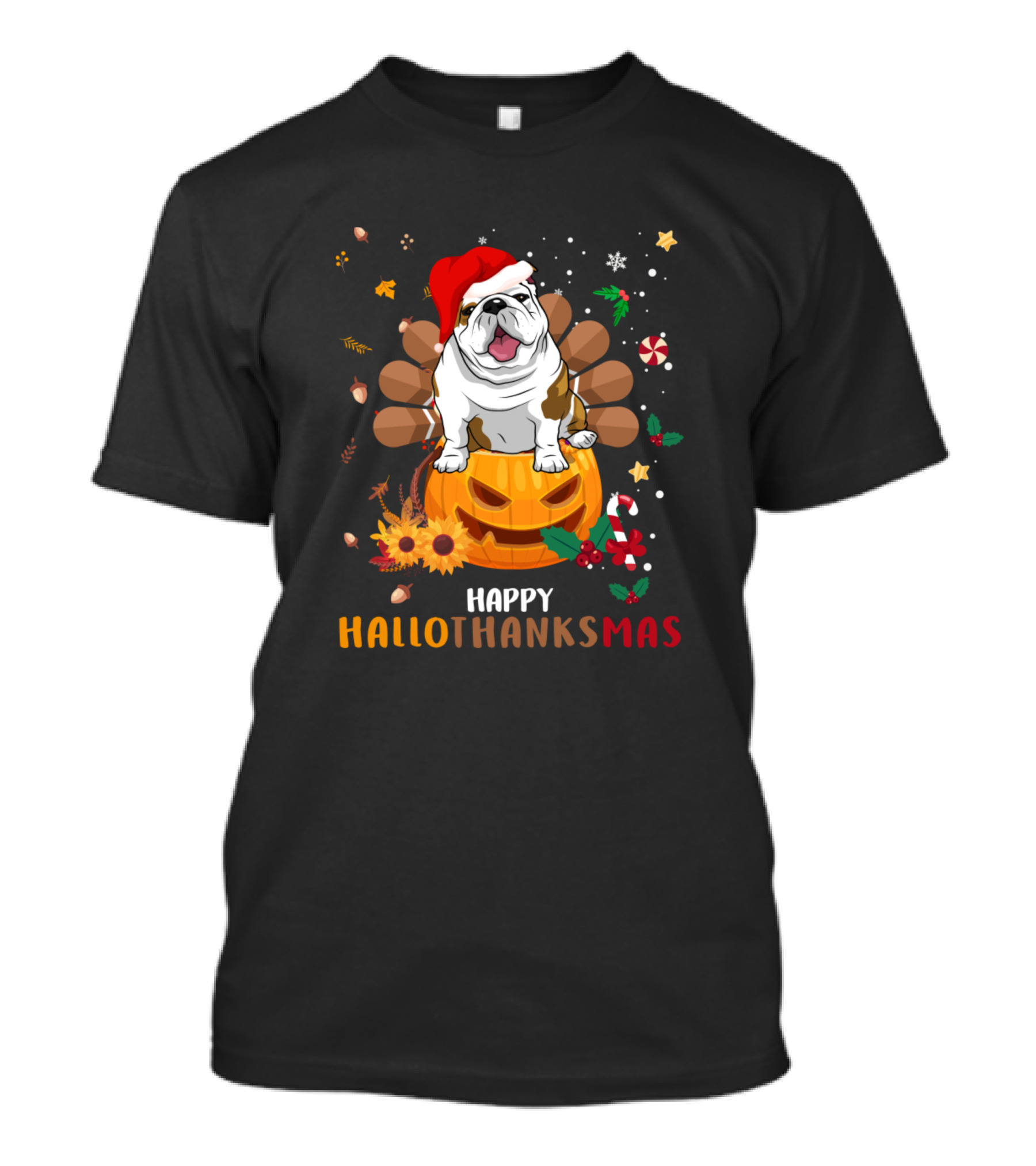 Happy Hallothanksmas English Bulldog Pumpkin Santa Hat Turkey Candy Cane T-Shirt