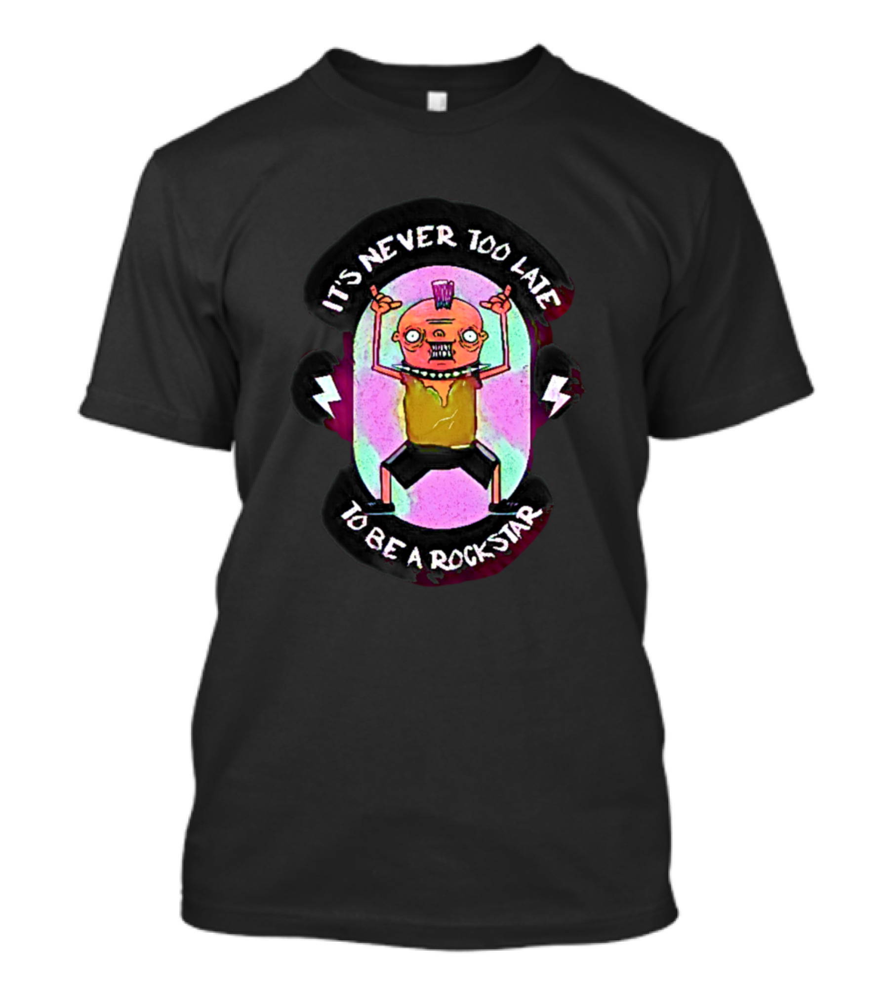 Its Never Too Late To Be A Rock Star Cartoon Character With Lightning Bolts T-Shirt