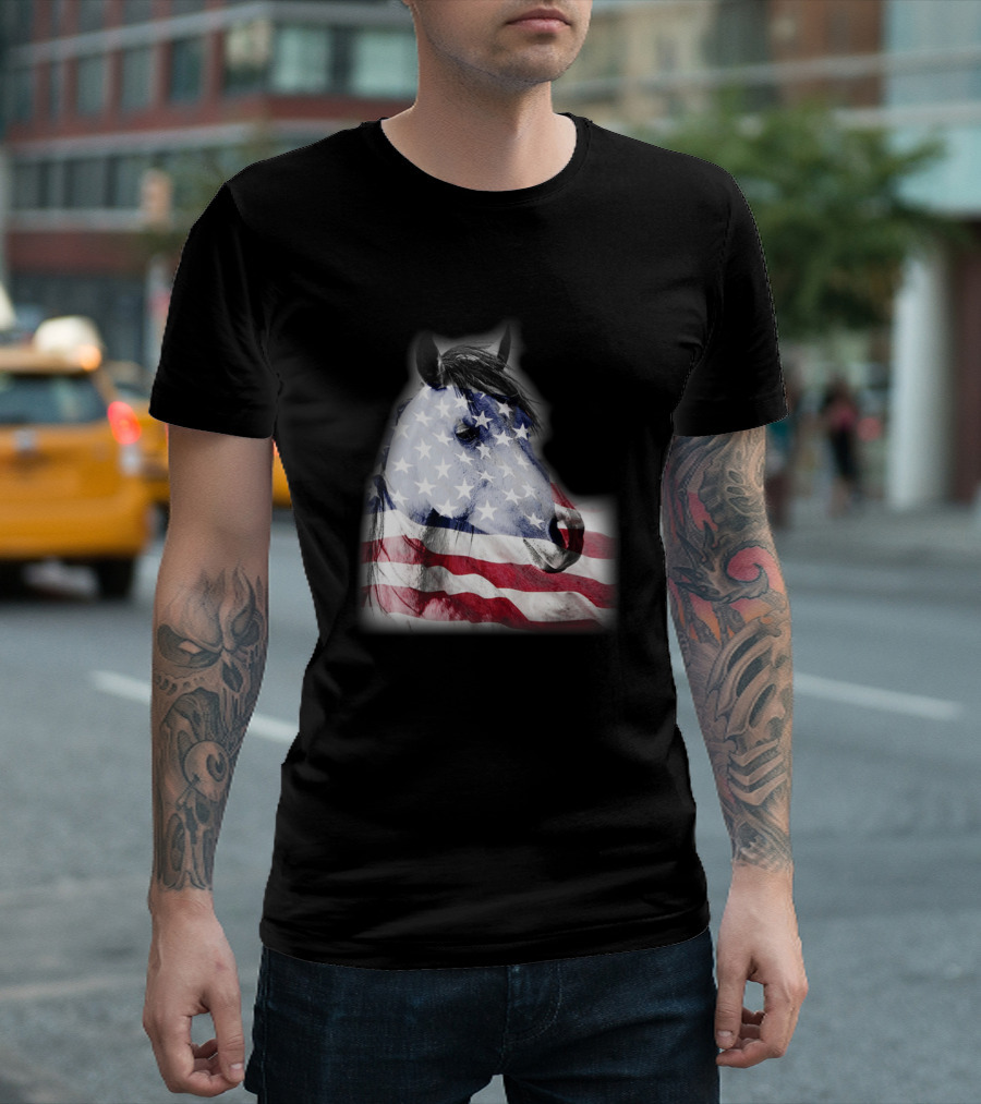 Patriotic Horse Head American Flag Independence Day Horse Lover T-Shirt