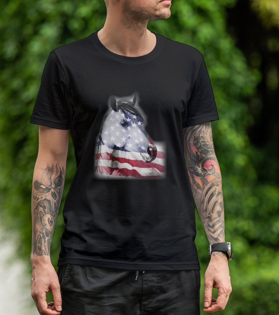 Patriotic Horse Head American Flag Independence Day Horse Lover T-Shirt