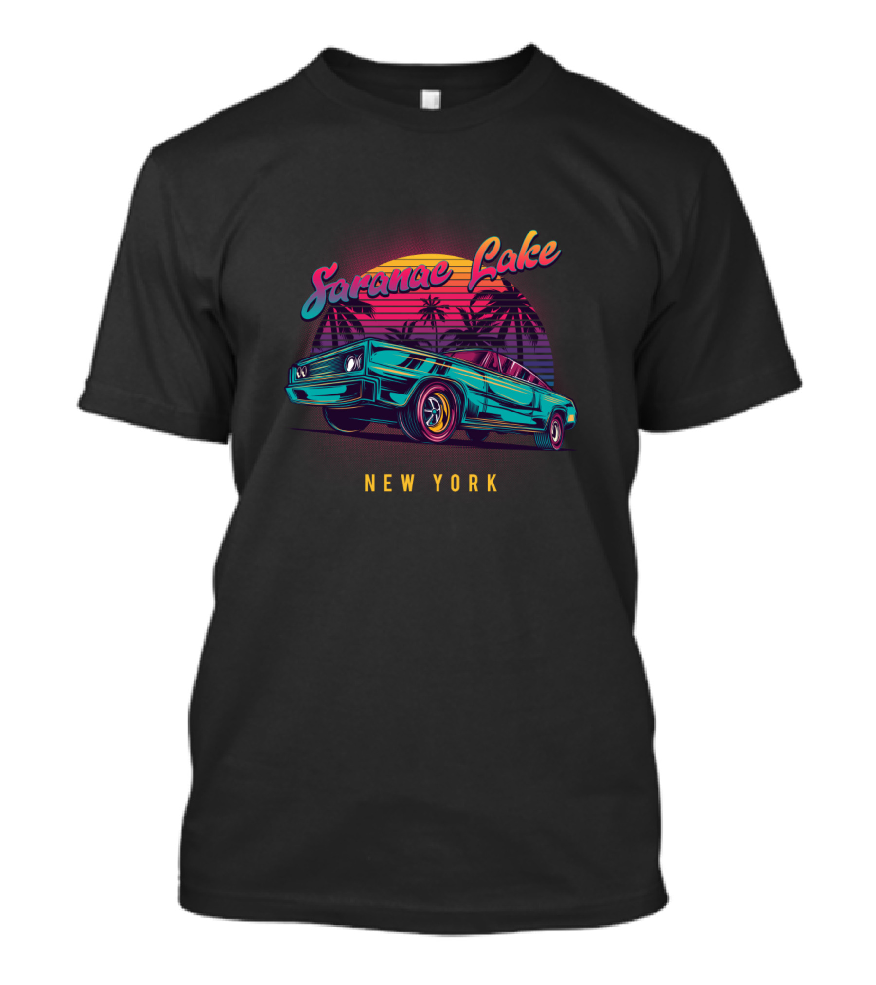 Saranac Lake New York Retro Vintage Muscle Car Sunset Palm Trees T-Shirt