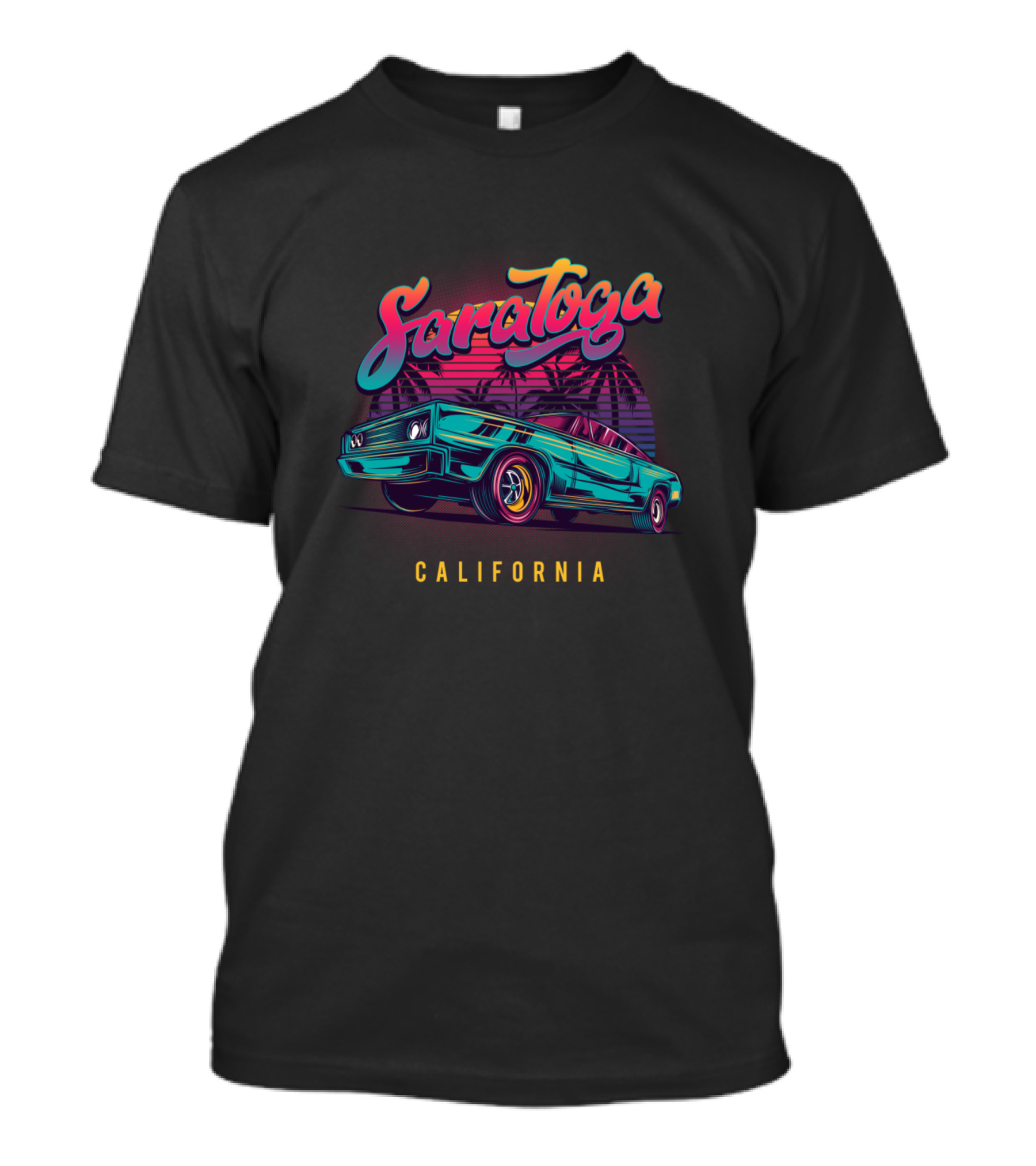 Saratoga California Retro Vintage Muscle Car With Palm Trees And Sunset T-Shirt