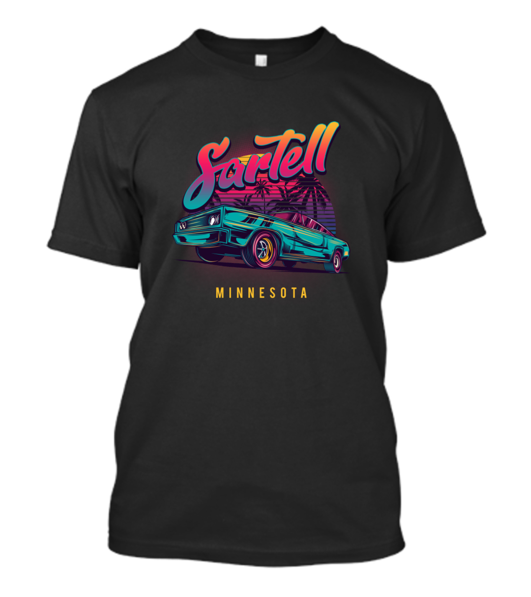 Sartell Minnesota Retro Vintage Muscle Car With Palm Trees And Sunset T-Shirt