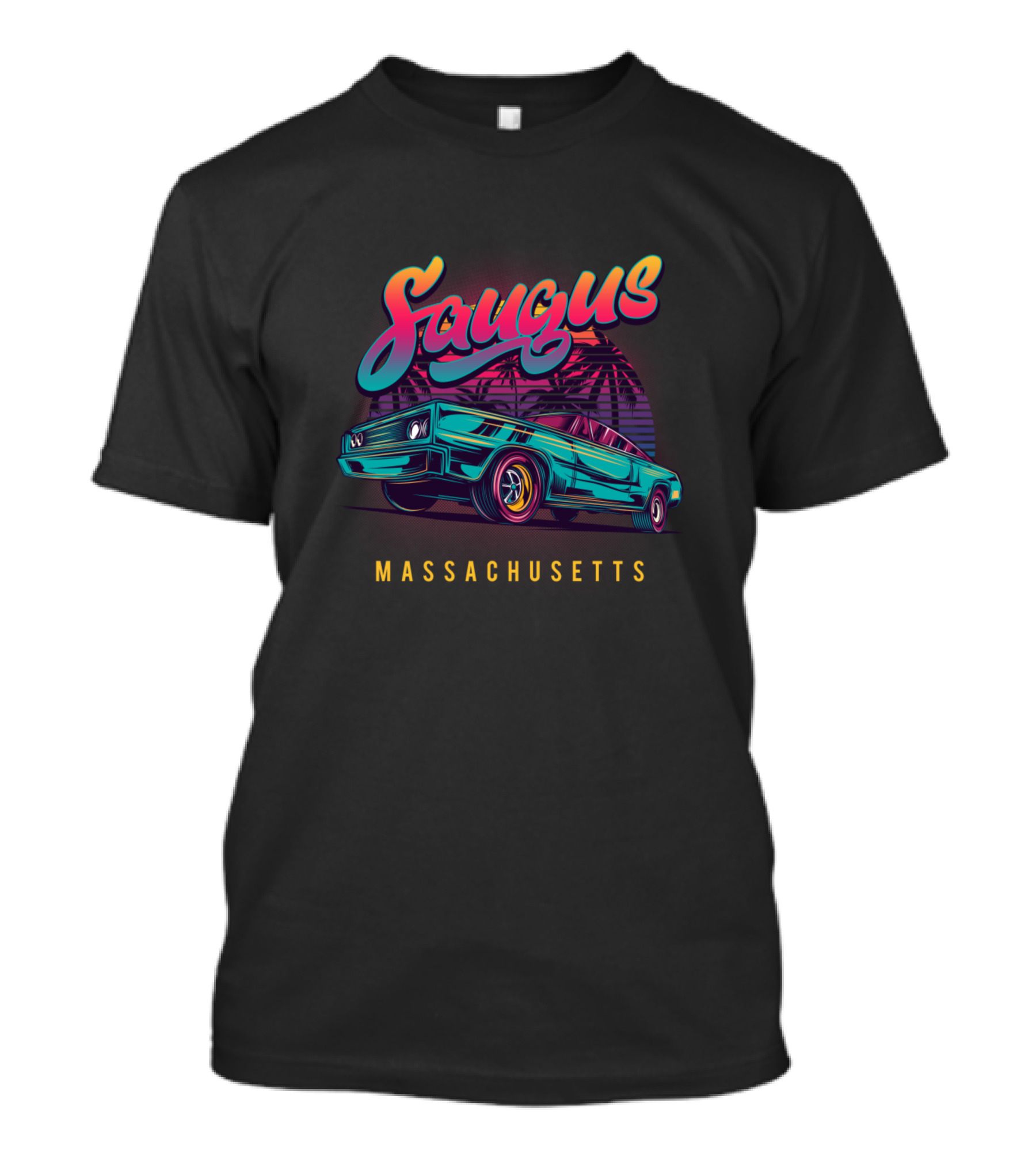 Saugus Massachusetts Retro Vintage Muscle Car Palm Trees T-Shirt