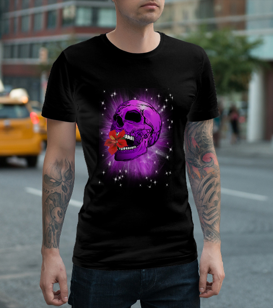 Purple Sugar Skull with Hibiscus Flower and Starburst Effect T-Shirt