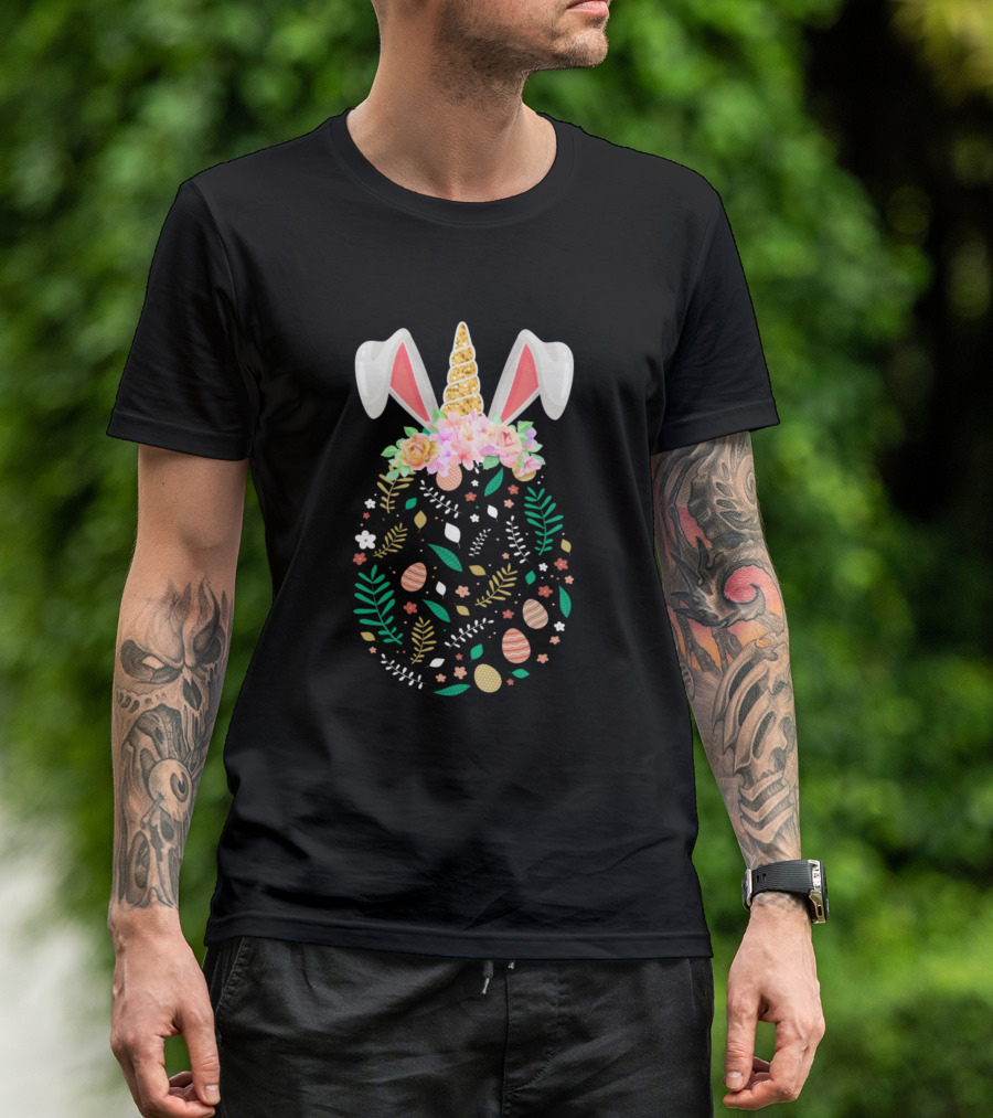 Unicorn Bunny Ear Easter Egg Floral Happy Pascha T-Shirt