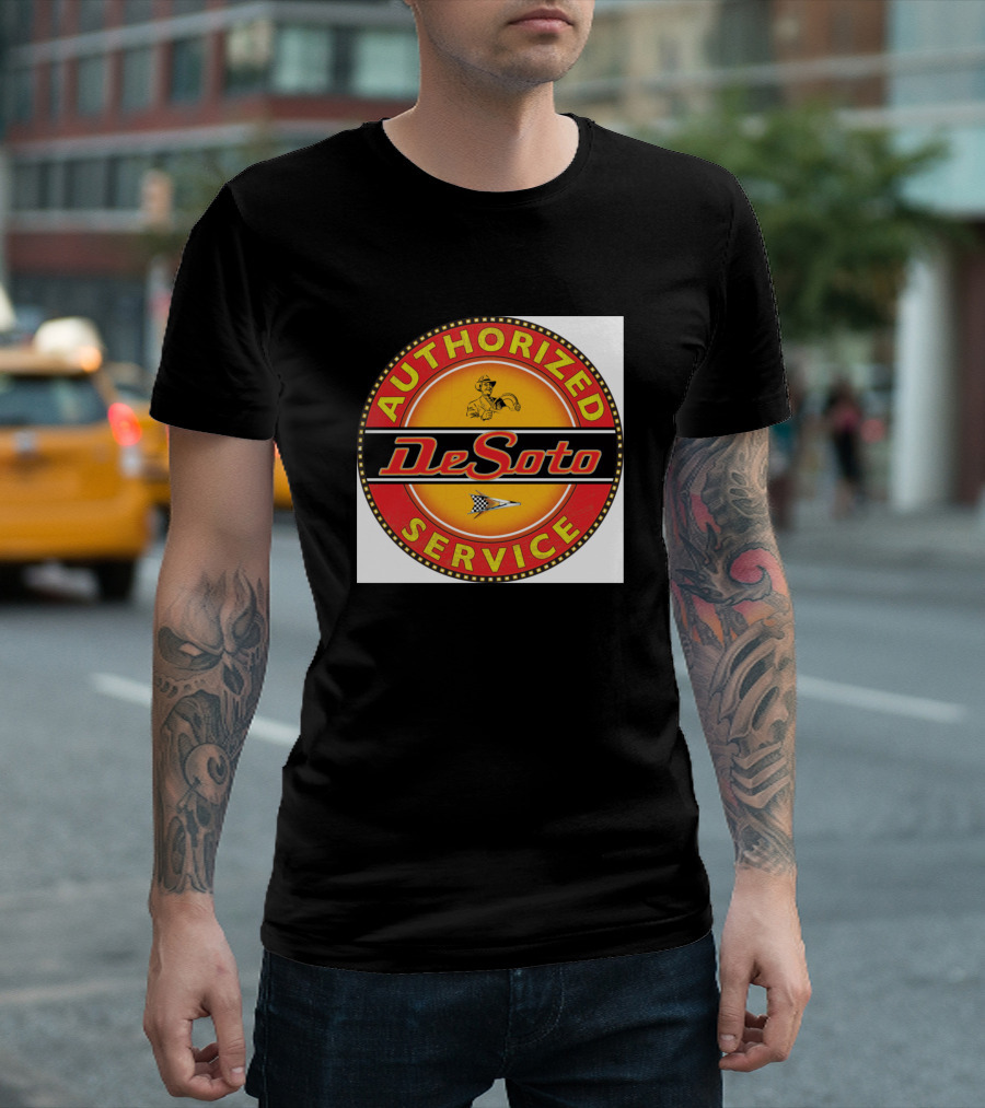 Authorized Service De Soto Vintage Logo Yellow and Red Circle with Racer T-Shirt