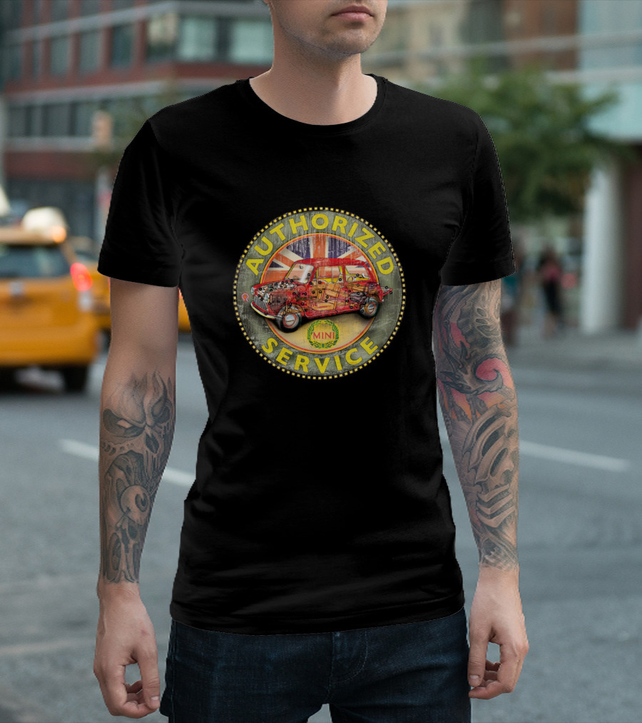 Authorized Service Mini Cooper with British Flag and Classic Car Image T-Shirt