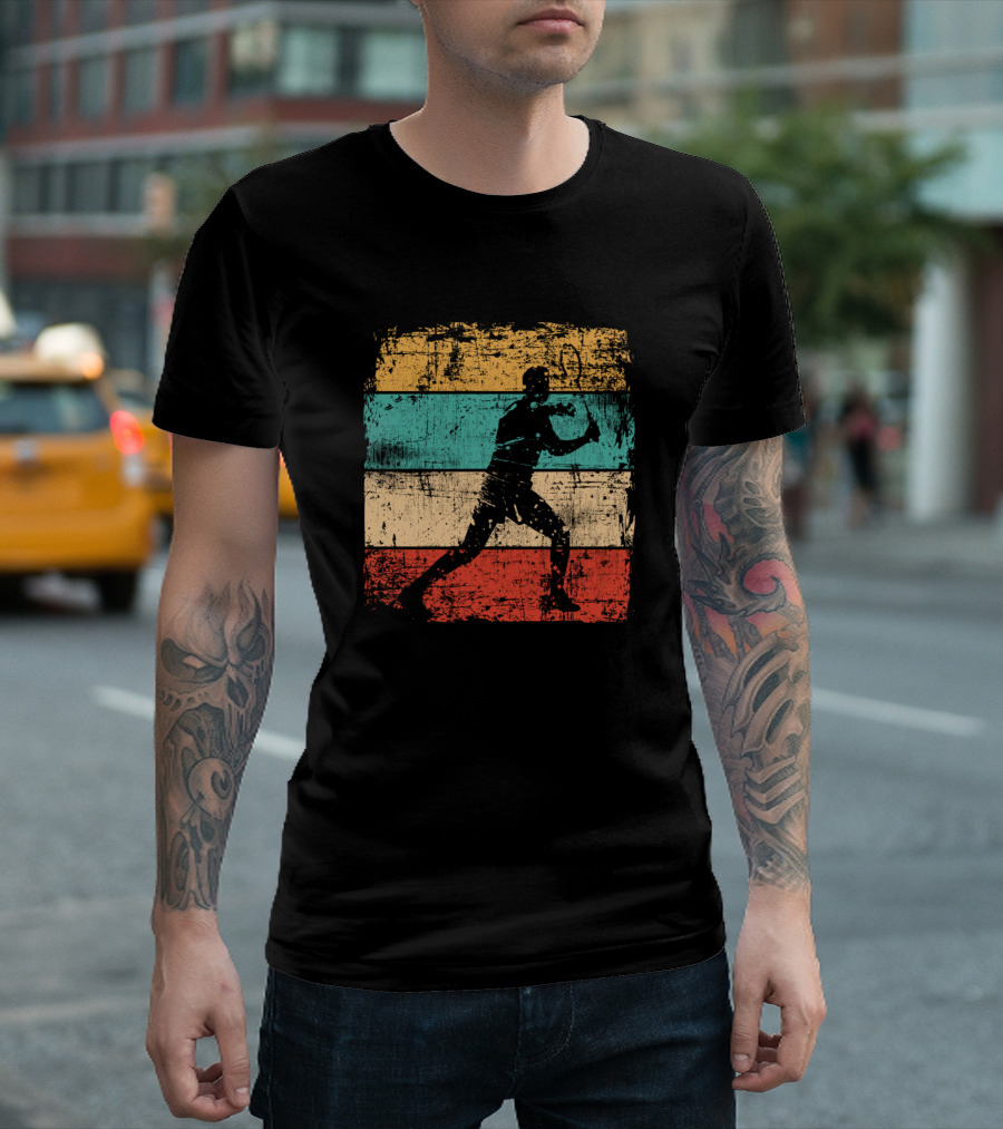 Badminton Vintage Sports Player Silhouette Retro Stripes T-Shirt
