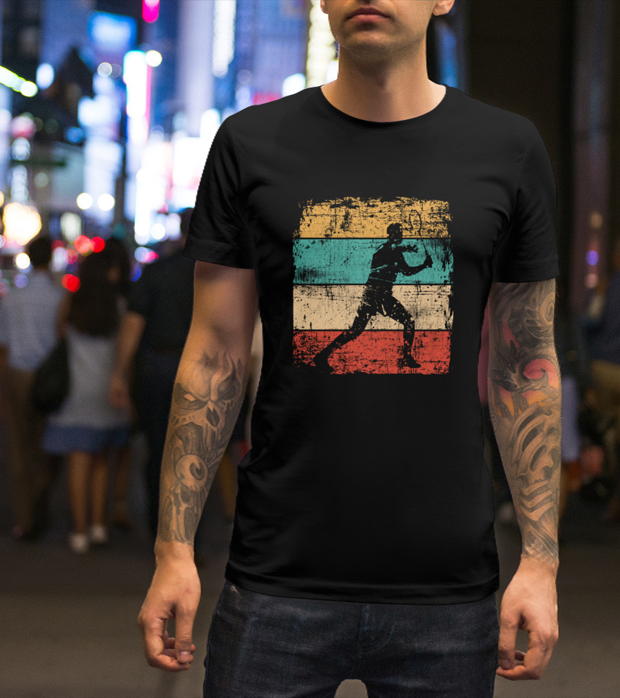 Badminton Vintage Sports Player Silhouette Retro Stripes T-Shirt