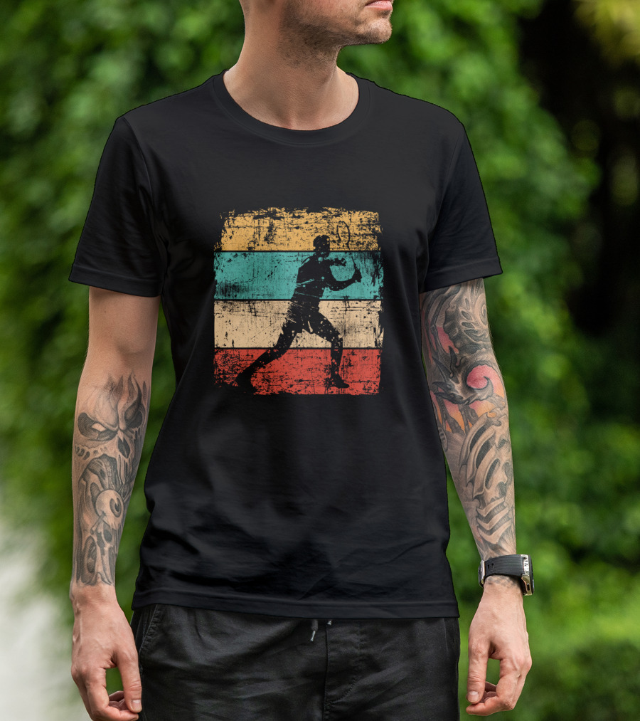 Badminton Vintage Sports Player Silhouette Retro Stripes T-Shirt