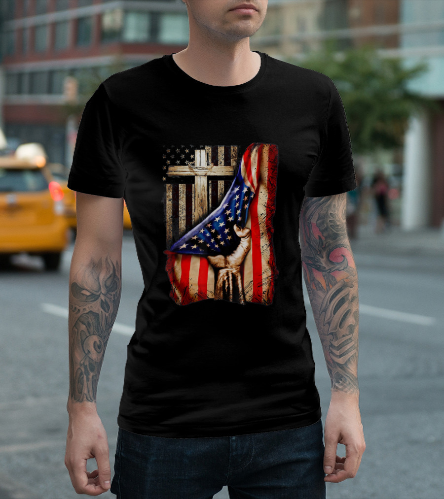 Cross Christ American Flag Pride Christian Hand T-Shirt