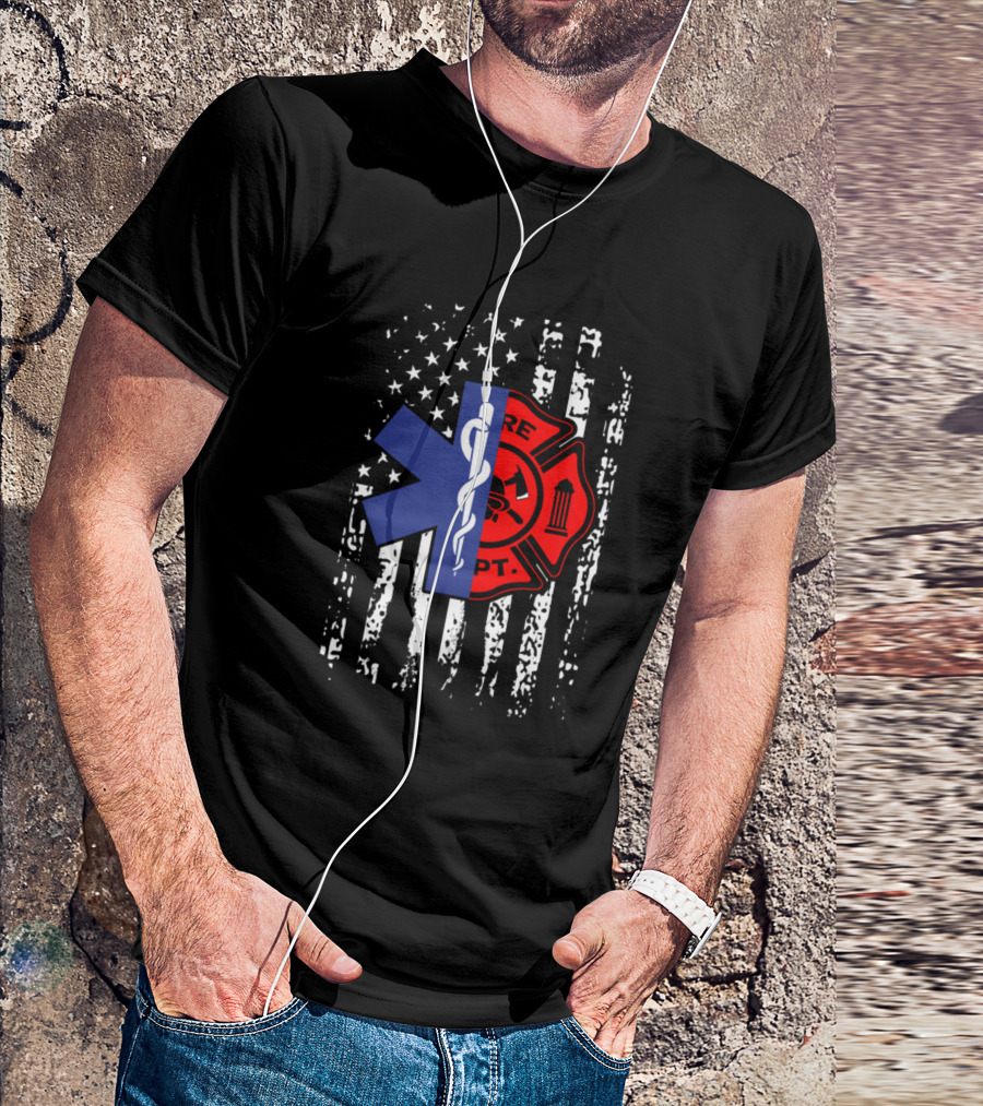 Fire Dept EMT Star Of Life American Flag T-Shirt