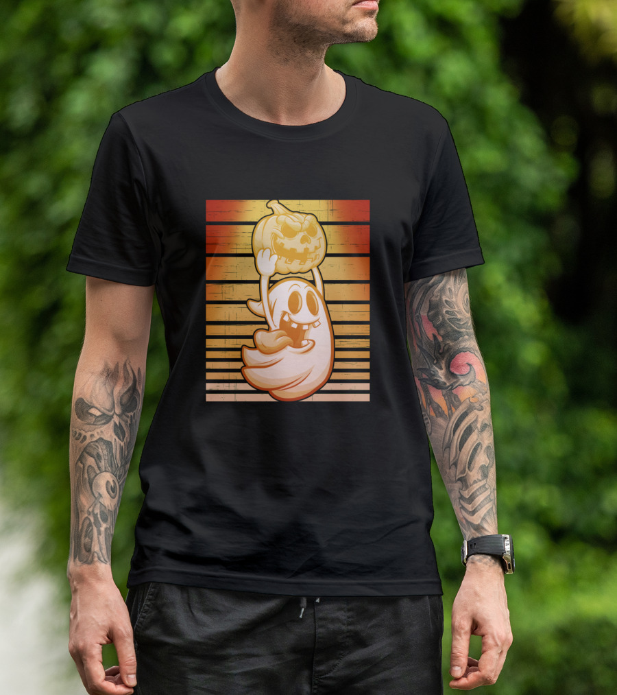 Halloween Ghost With Pumpkin On T-Shirt
