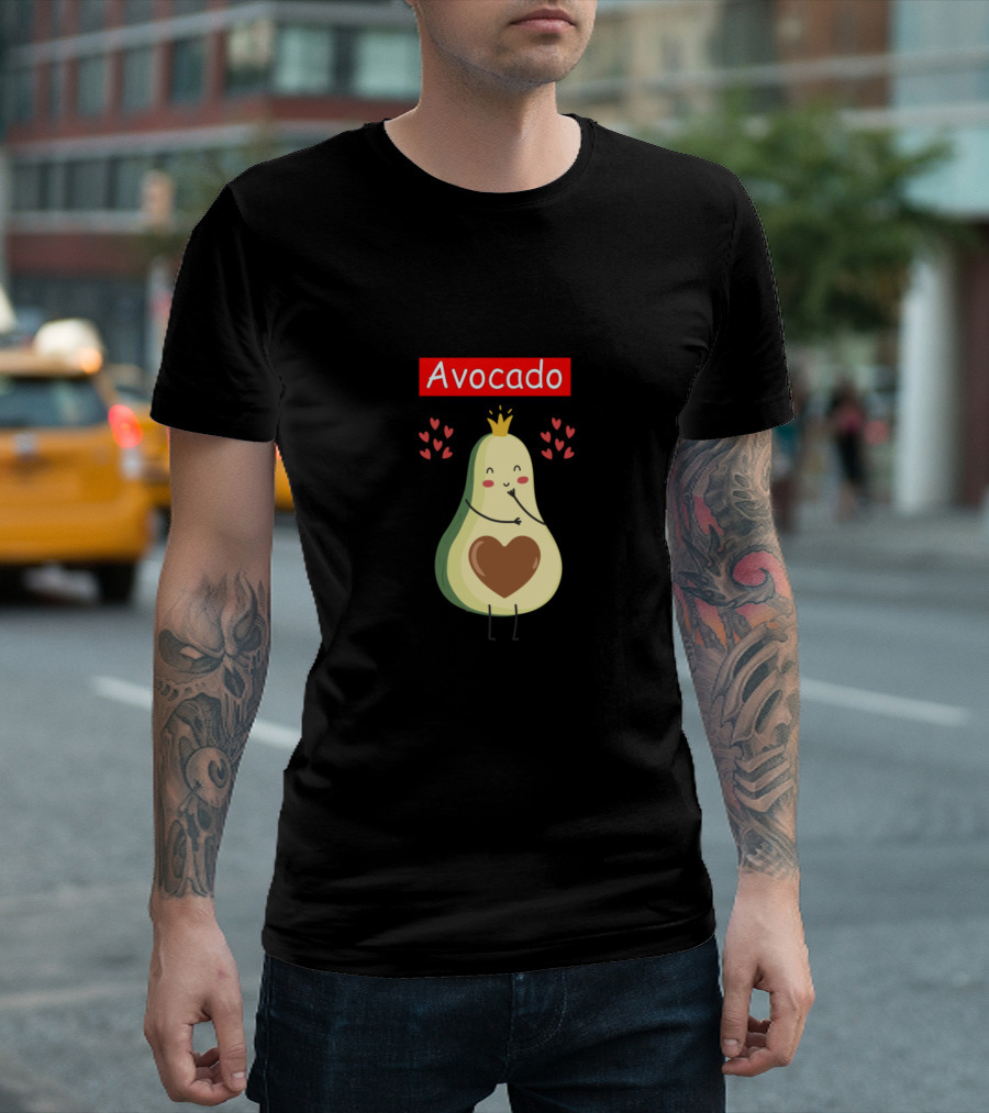 I Am With The Avocado Just Be Cool Cute Smiling Avocado Wearing Crown Surrounded by Hearts T-Shirt