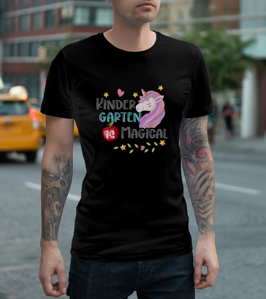 Kindergarten Is Magical Unicorn with Apple and Stars 1st Day of School T-Shirt