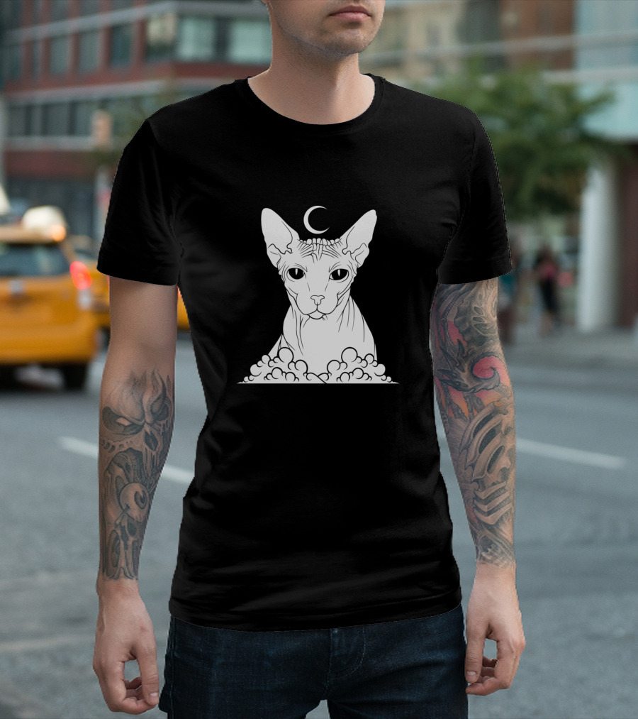 Magical White Sphynx Cat with Crescent Moon T-Shirt