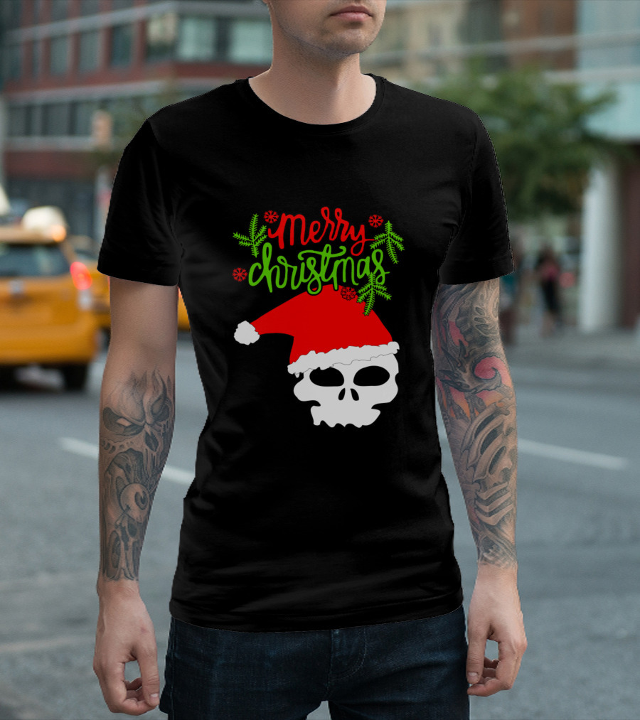 Merry Christmas Cute Skull with Santa Hat and Snowflakes T-Shirt