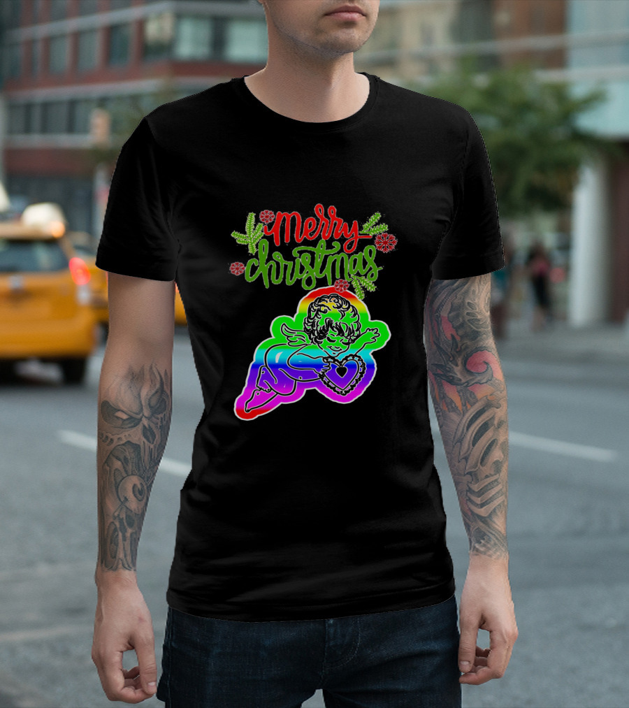Merry Christmas Beautiful Angel From Heaven Rainbow Cherub T-Shirt
