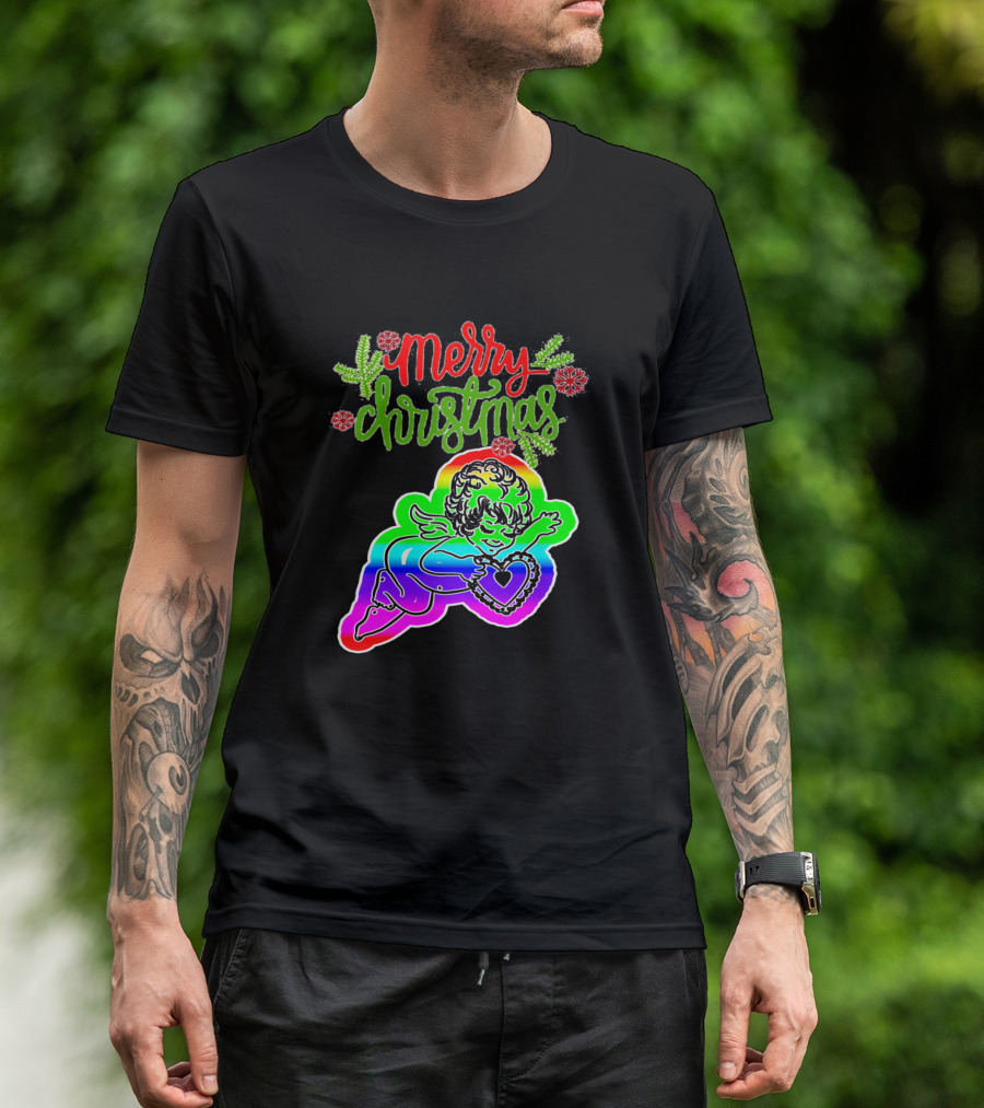 Merry Christmas Beautiful Angel From Heaven Rainbow Cherub T-Shirt