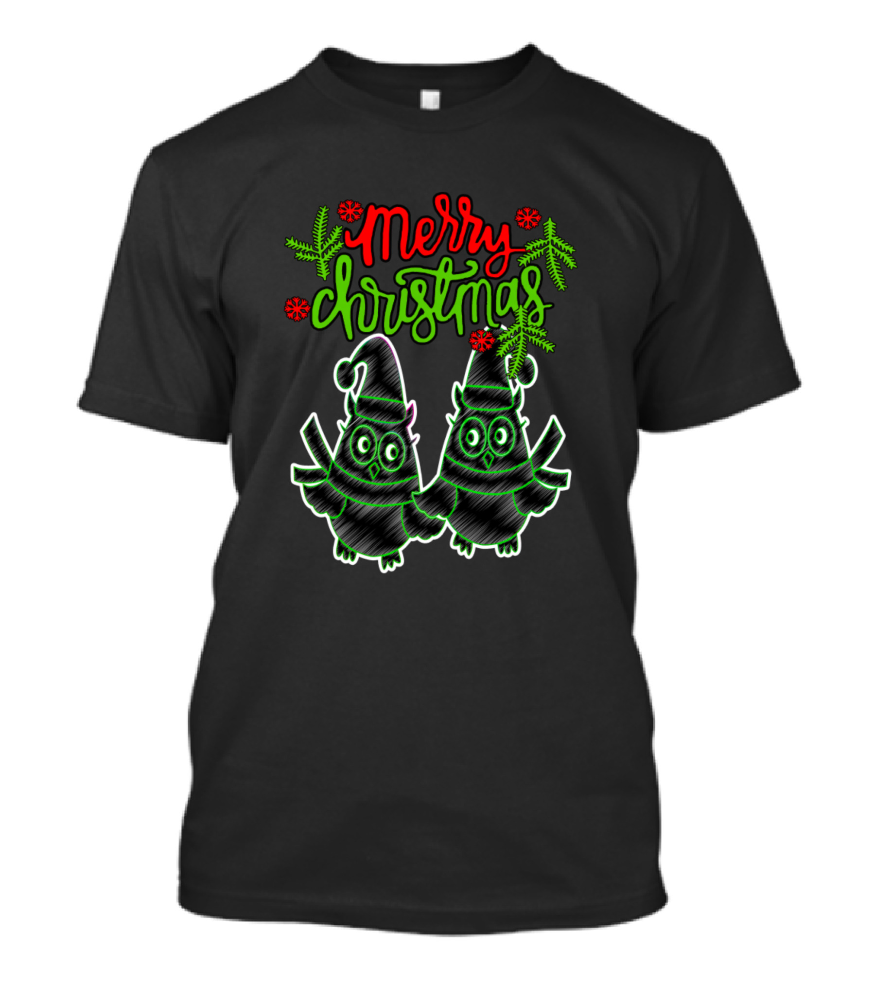 Merry Christmas Cartoon Beautiful Owls With Santa Hats And Snowflakes T-Shirt