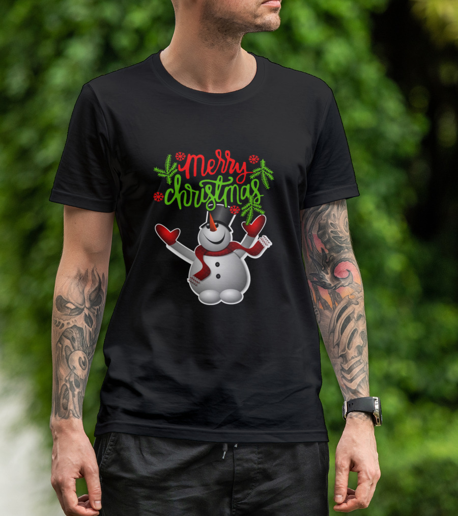 Merry Christmas Snowman With Red Scarf And Mittens T-Shirt