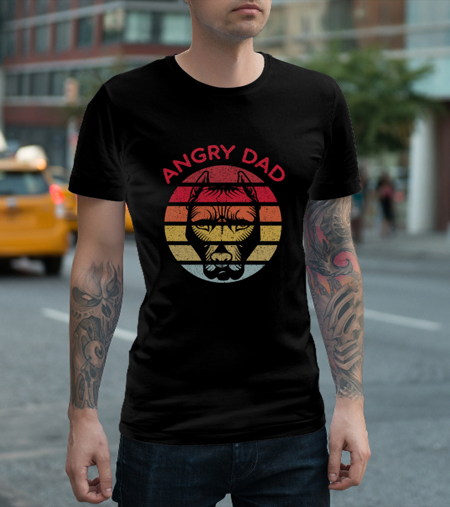 Angry Dad Retro Dog Face in Vintage Stripes T-Shirt