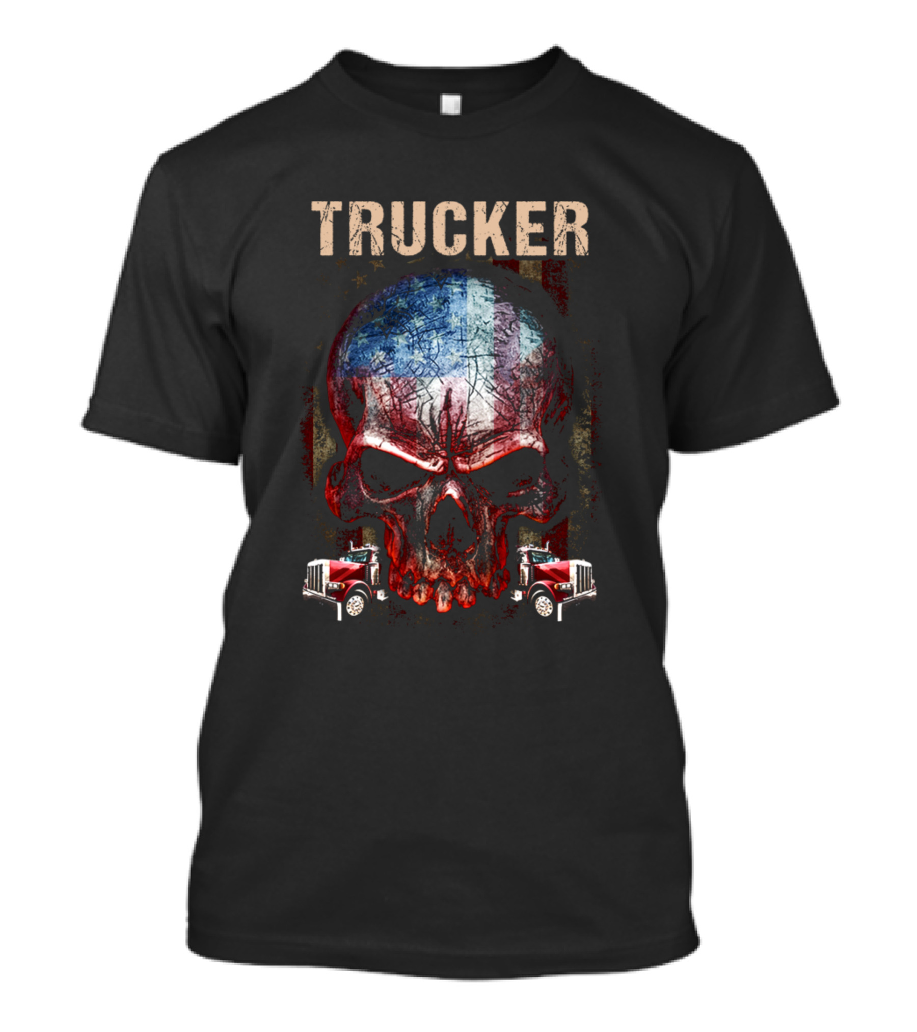 Trucker Patriotic Skull With American Flag And Red Trucks T-Shirt