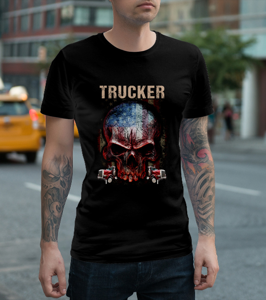 Trucker Patriotic Skull With American Flag And Red Trucks T-Shirt