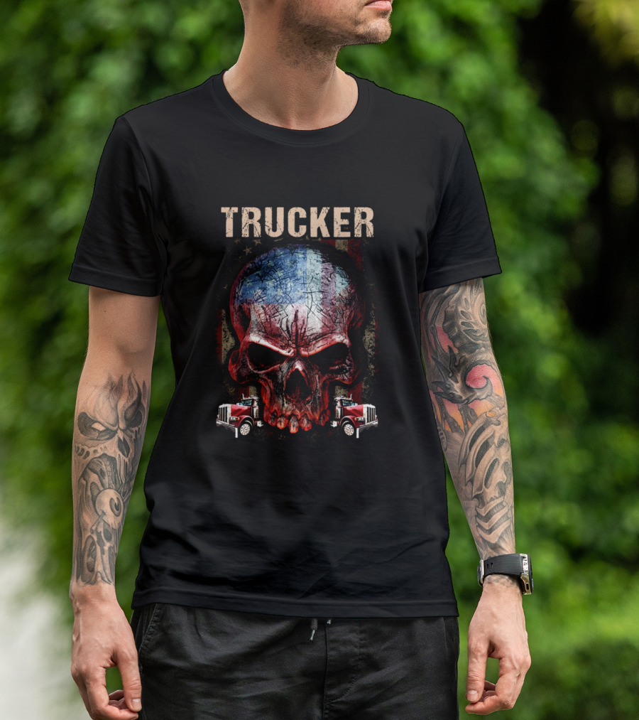 Trucker Patriotic Skull With American Flag And Red Trucks T-Shirt