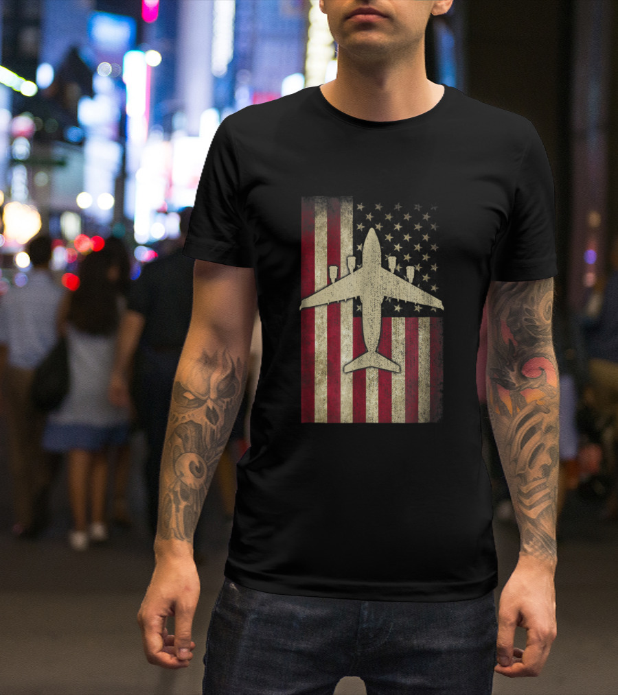 C17 Globemaster Military Transport Airplane Over American Flag T-Shirt