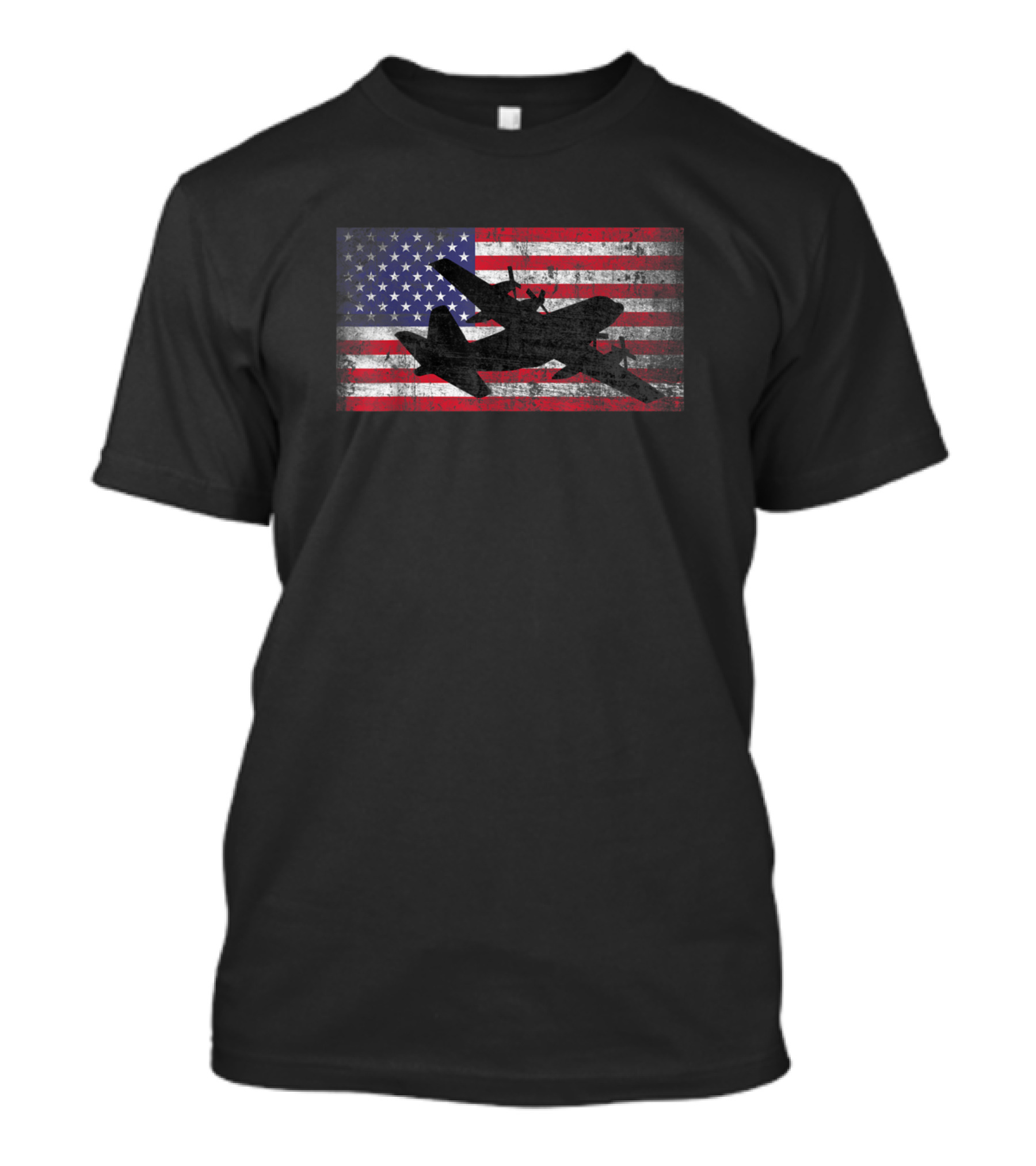 C130 Military Plane Silhouette Over Vintage USA Flag Background T-Shirt