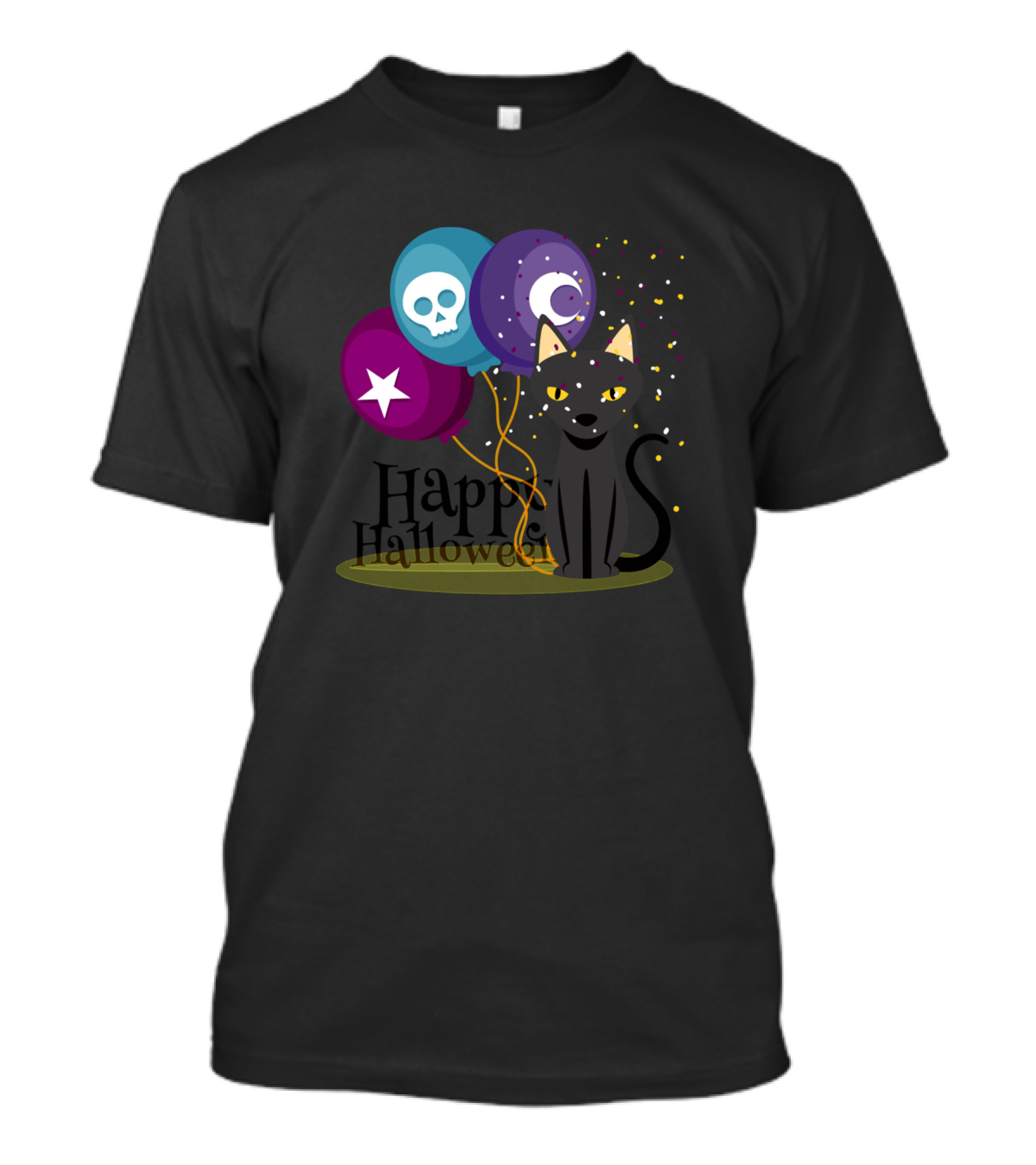 Happy Halloween Cat With Star Skull Moon Balloons T-Shirt