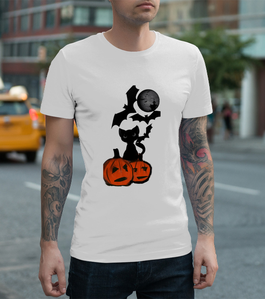 Cats Halloween Is Coming Funny Kitty with Pumpkins and Bats T-Shirt