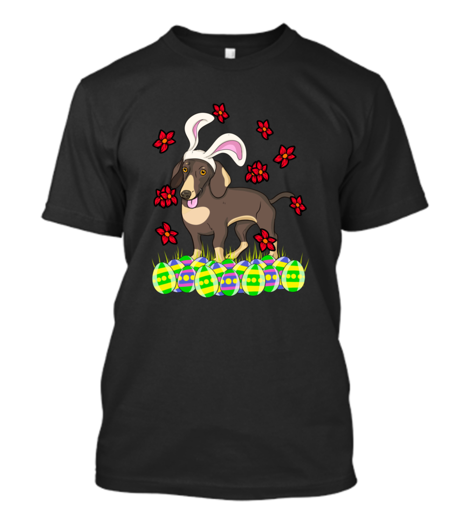 Dachshund Easter Bunny Ears With Colorful Eggs And Flowers T-Shirt
