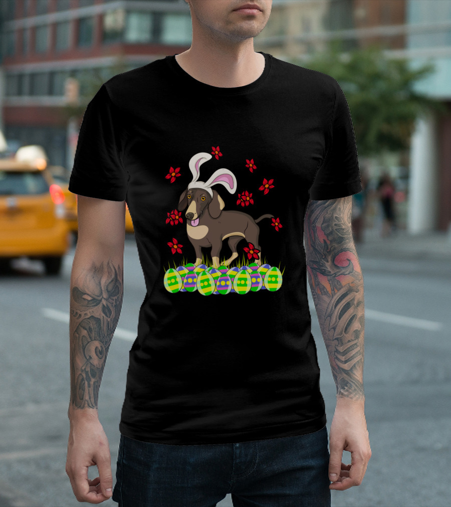 Dachshund Easter Bunny Ears With Colorful Eggs And Flowers T-Shirt