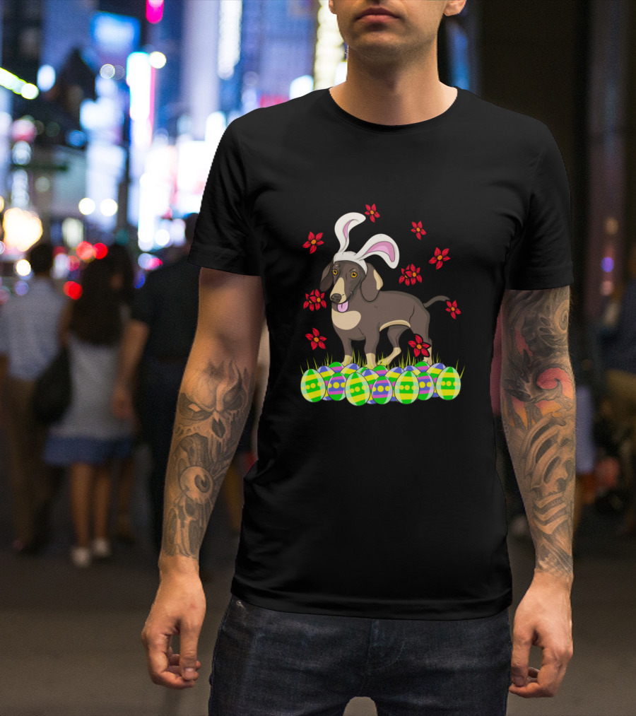 Dachshund Easter Bunny Ears With Colorful Eggs And Flowers T-Shirt