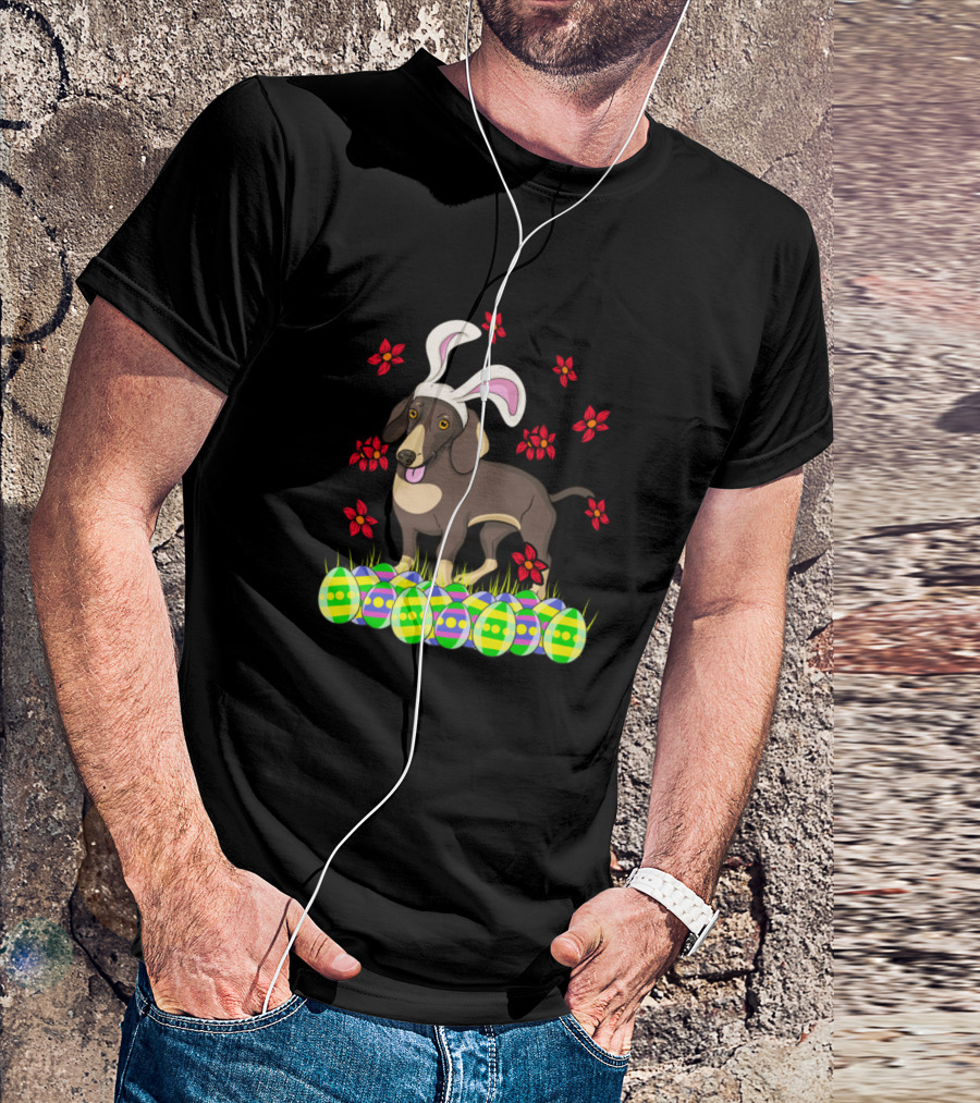 Dachshund Easter Bunny Ears With Colorful Eggs And Flowers T-Shirt