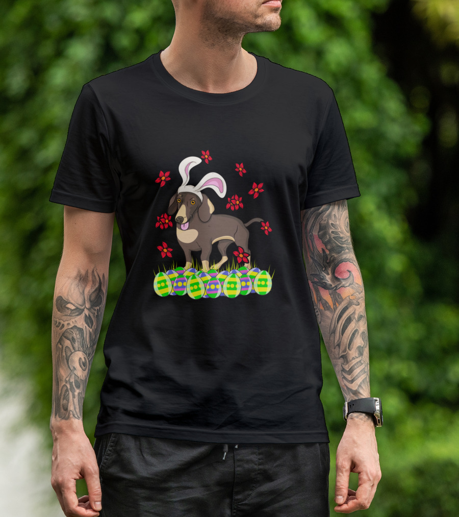 Dachshund Easter Bunny Ears With Colorful Eggs And Flowers T-Shirt