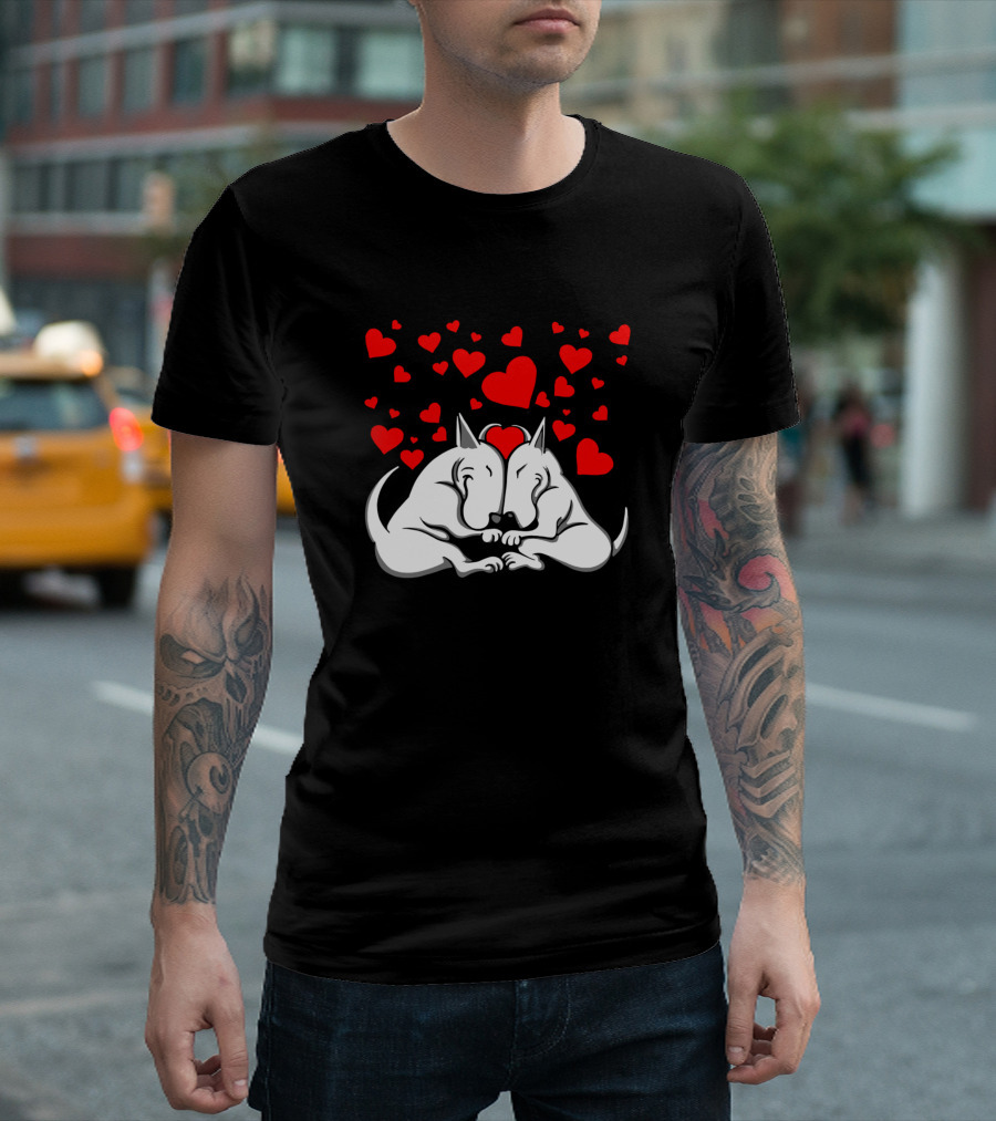 Bull Terriers In Love Surrounded By Hearts T-Shirt