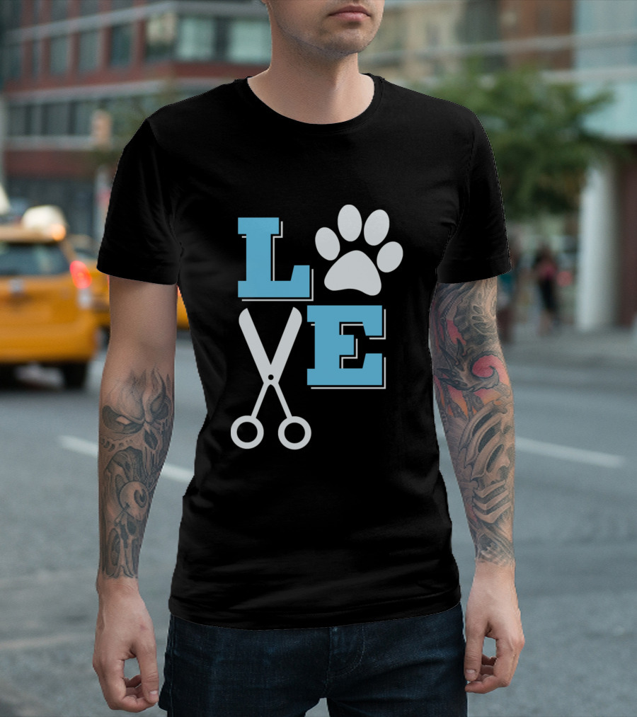 Love Dogs Groomer Print Paw Scissors Pet Grooming T-Shirt