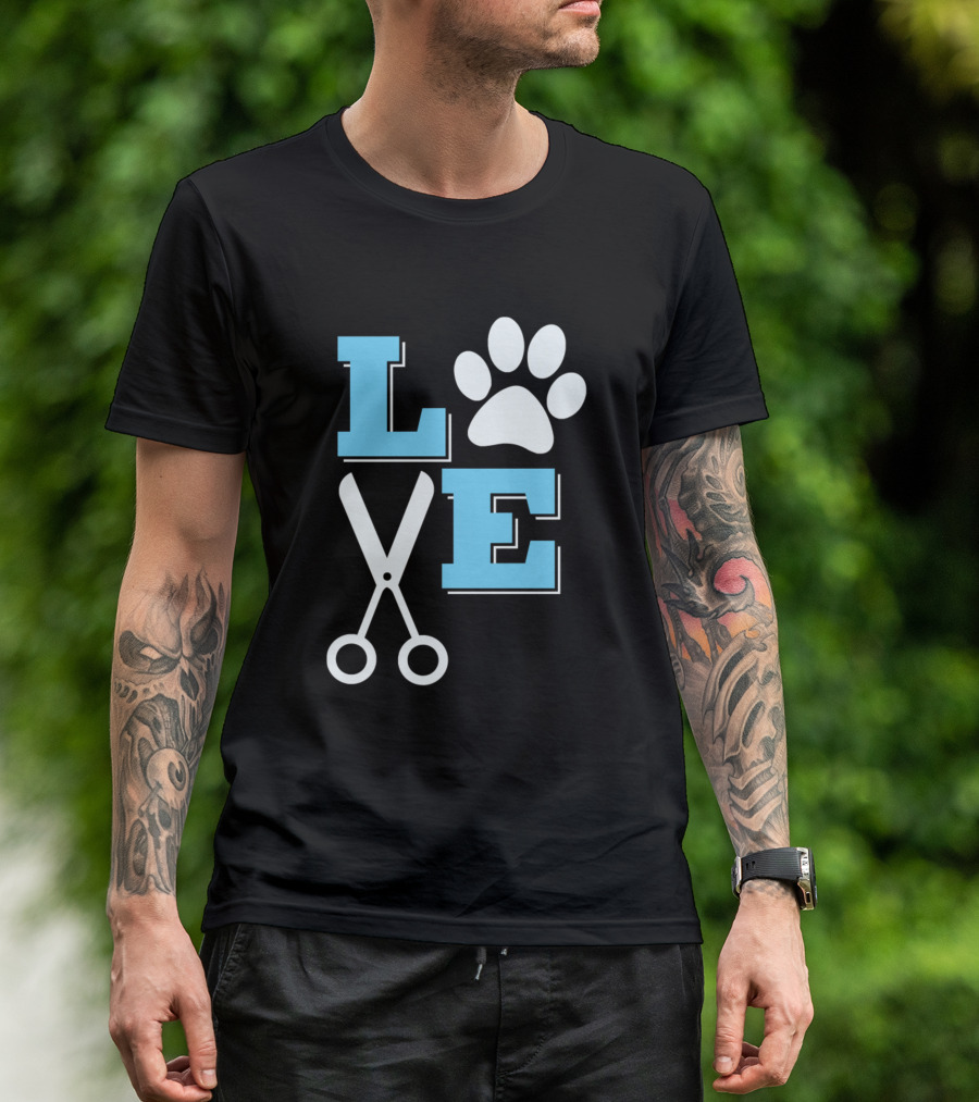 Love Dogs Groomer Print Paw Scissors Pet Grooming T-Shirt