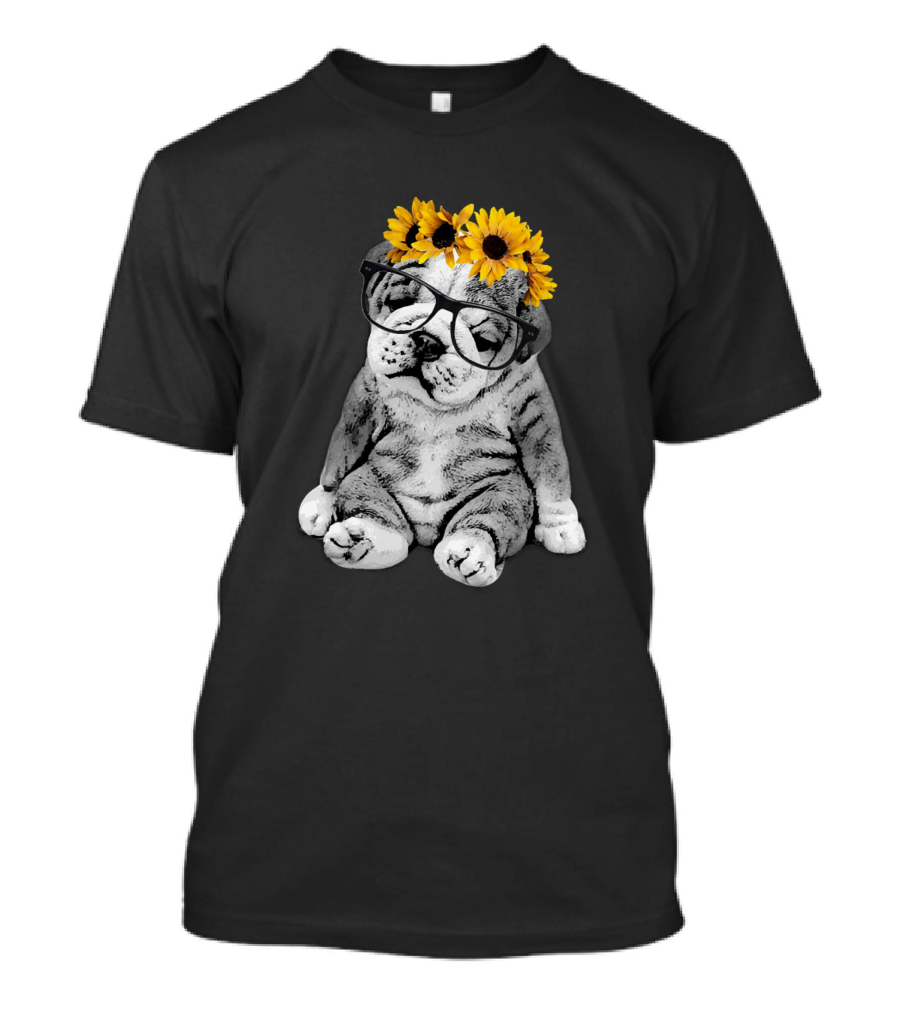 Dogs English Bulldog Glasses Sunflowers T-Shirt