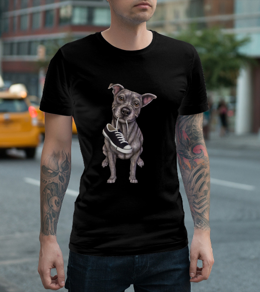 Happy Grey Dog Holding Shoe in Mouth T-Shirt